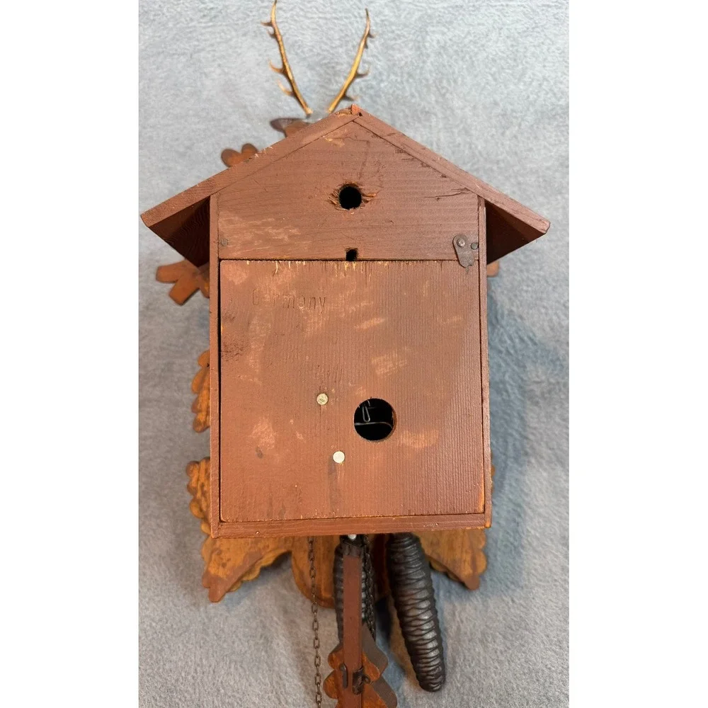 Vintage German Black Forest Cuckoo Clock Hunting Scene Stag Rifles Hand Carved